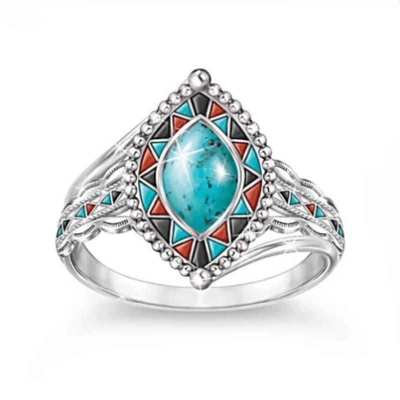 Bohemian Style Horse Eye Ring For Women Synthetic Turquoise Retro Artistic Jewelry Accessories Handmade Enamel Ring