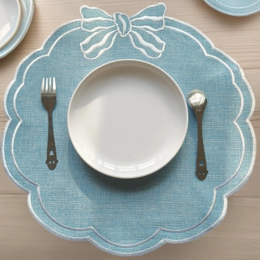 

High Quality Washable Linen Napkin Reusable Vintage Wavy Edge Embroidered Bowknot Napkin Table Mat Table Decoration L синій