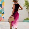 Women Plus Size U Neck Sleeveless Abstract Printed Dress Red Black High Side Slit Curved Hem