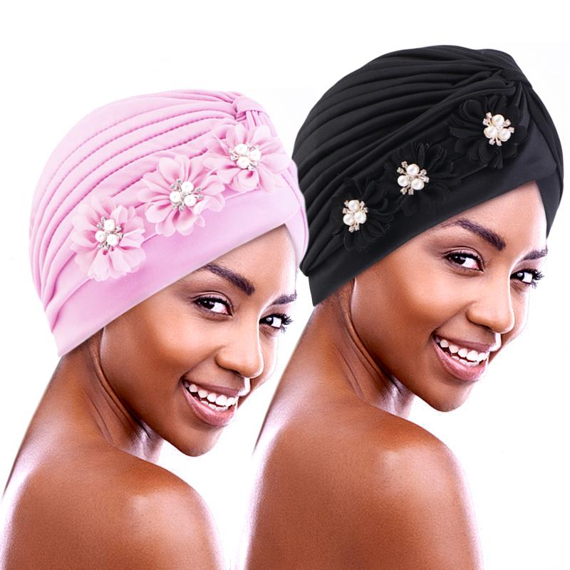 Flower Pearl Turban Pleated Inner Hijab Hat Women Chemo Cap Muslim Headscarf Beanies Bonnet Arab Islamic Hair Loss Turbante