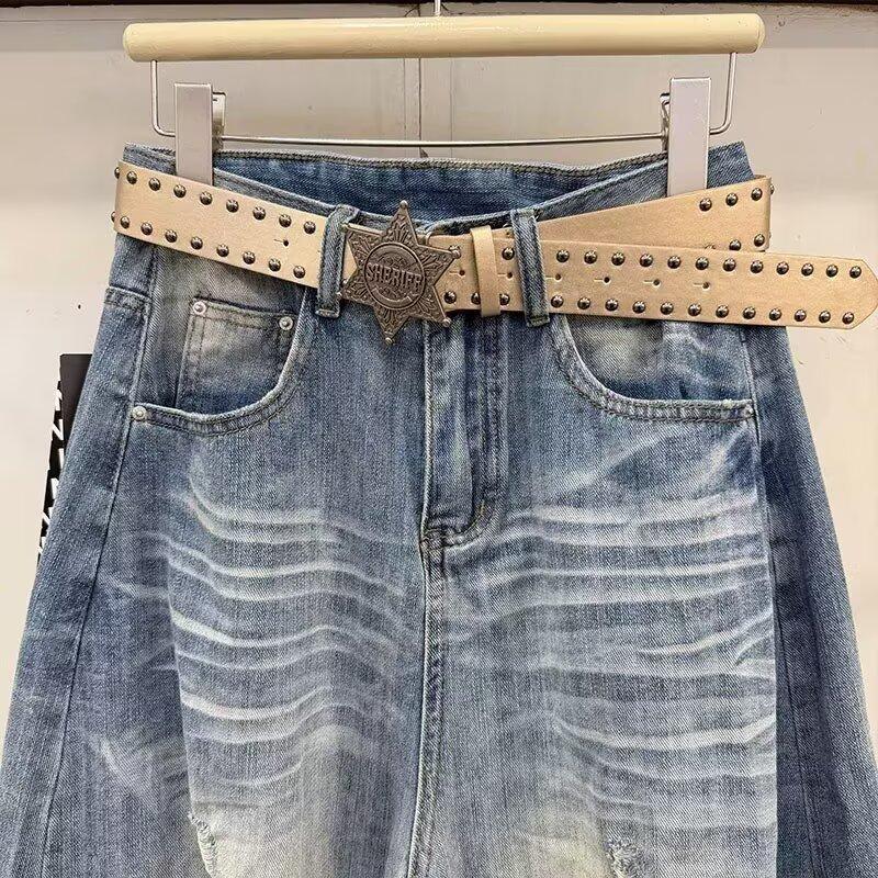 American Ruffian Handsome Ripped Jeans Men's Summer Loose Straight Trousers Trendy Nine-point Trousers Old Wide-leg Trousers