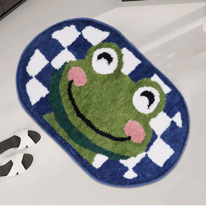 1PC Smiling Frog Flocking Bathroom Floor Mat Oval Water Absorbent Non Slip TPR Bottom Dirty Resistant Soft Bathroom Floor Mat