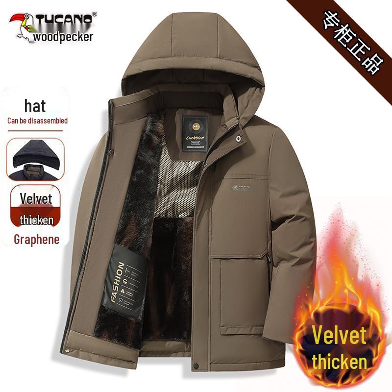 Men's Woodpecker Plus Velvet Mid-length Jacket with Hood, Detachable Liner, Cotton Winter Coat for Middle-aged and Elderly