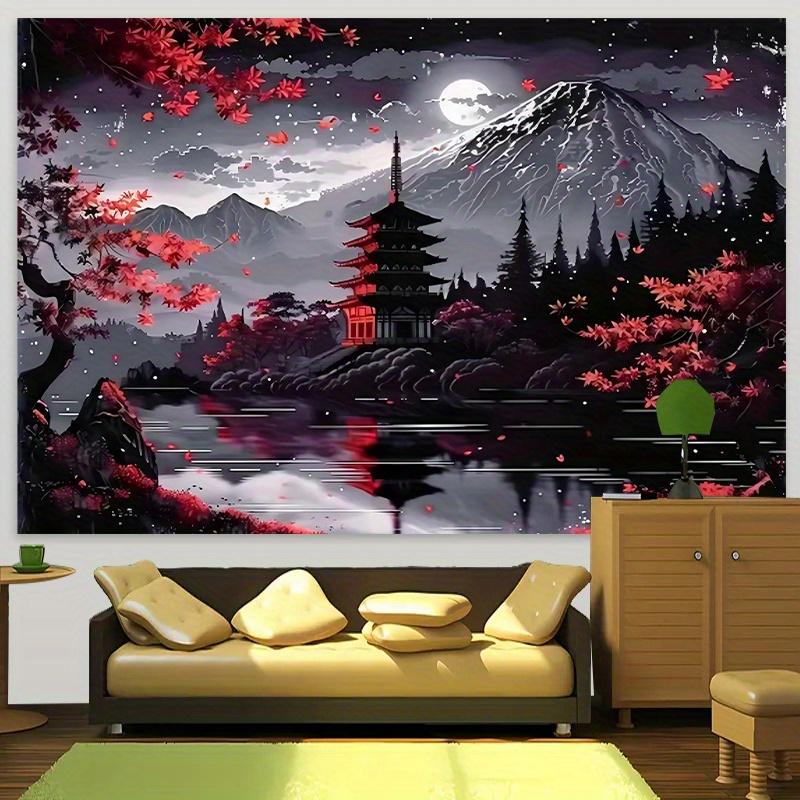 Arazzo Misterioso Paesaggio Fuji, Pagoda Notturna Acero Cremisi Lago Telo Murale, Sfondo Fresco Per Camera Da Letto Spazio Casa Interno