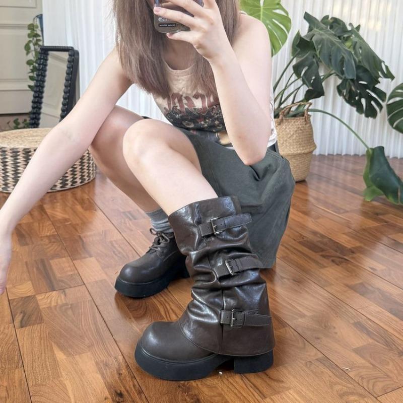 Cowhide version~ thick-soled trouser boots two wear belt buckle short boots round head retro stacking boots women's western boots medium boots