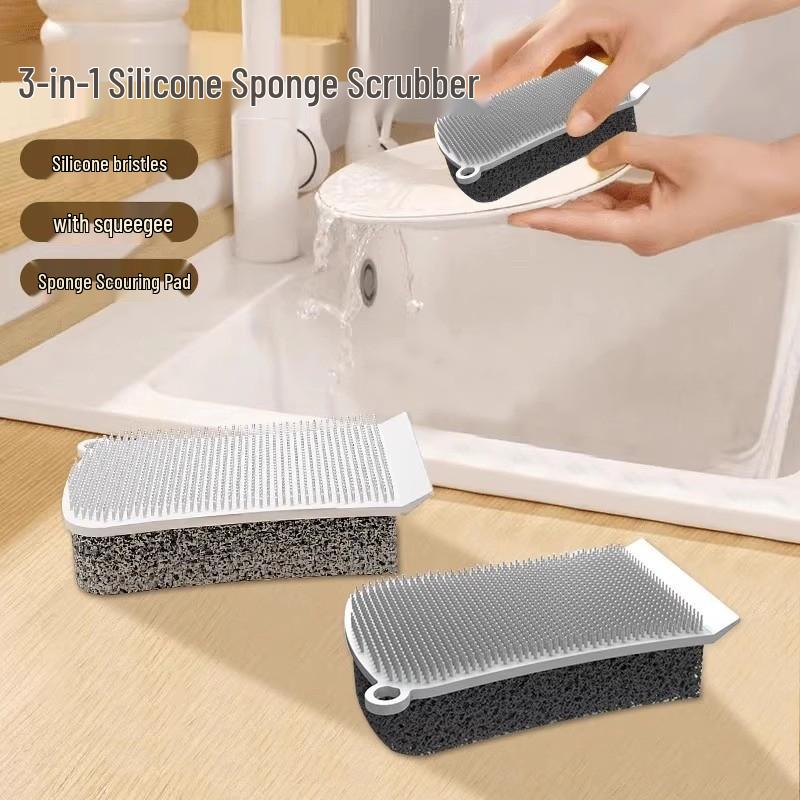3-in-1 Silicone Sponge Scrubber: Multi-functional Kitchen Brush with Soft Bristles and Squeegee