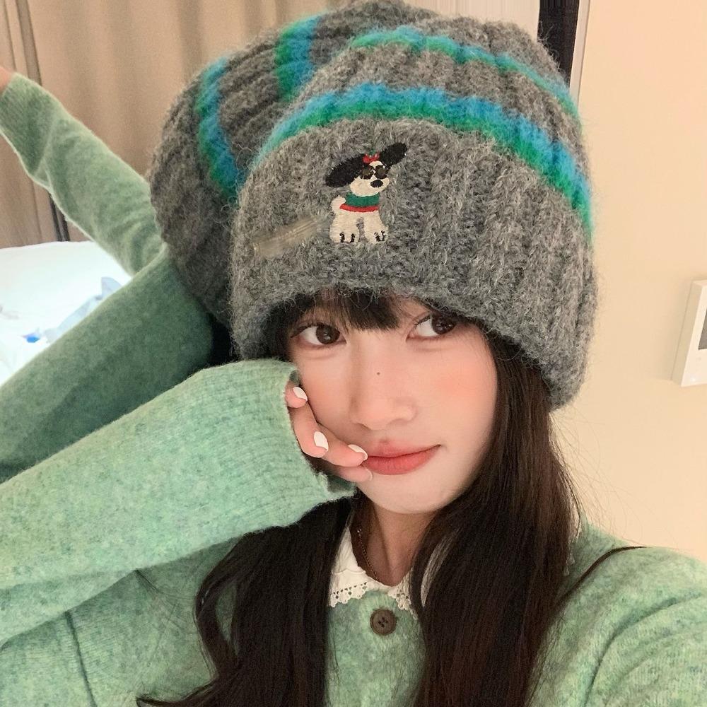 Puppy Embroidery Beanie Cap Winter Warm Crochet Bonnet Hat Cute Winter Knitted Hat Outdoors