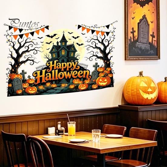 Easy Apply Halloween Decals Happy Wall Stickers, Moonlit Castle Pumpkin Clings, Waterproof Retro Stickers Haunted House for Home Living Room