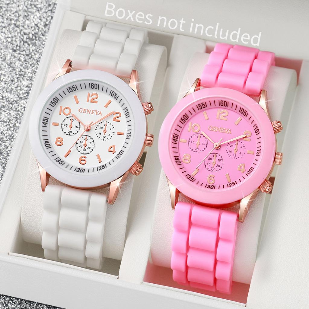 2PCs/Set Women Watch Twin Silicone Strap White Pink Watch Set