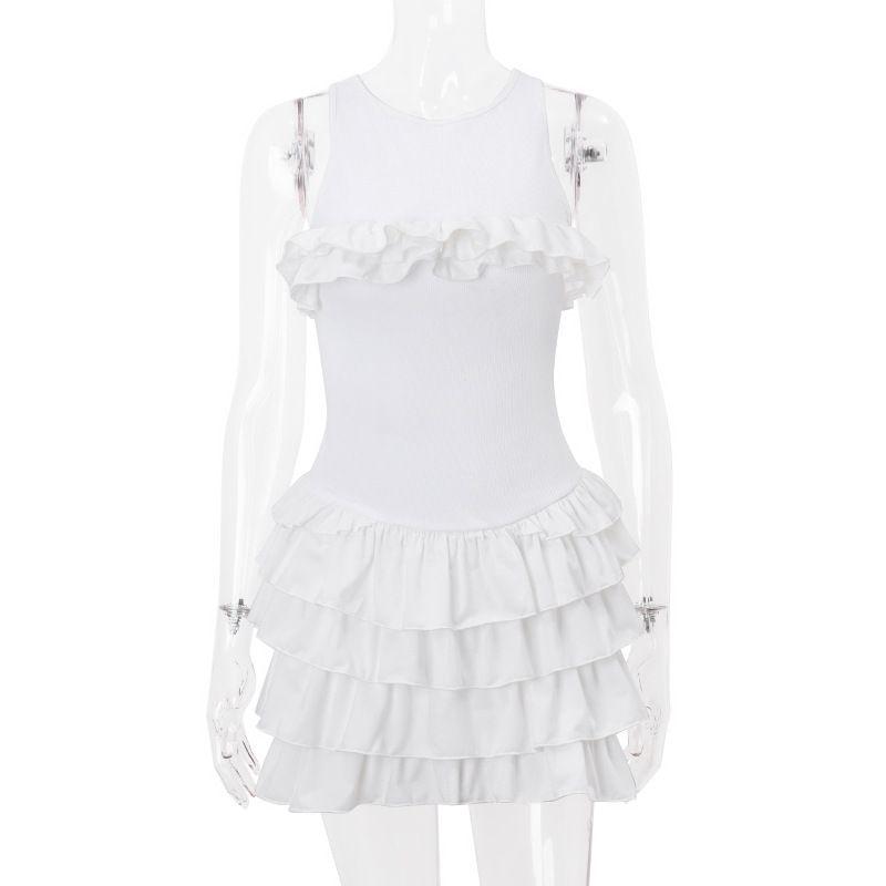 

European and American Ins New Fashion Advanced Temperament Lace-up Short dress Sexy Backless Hollow Frill Cake Dress White S