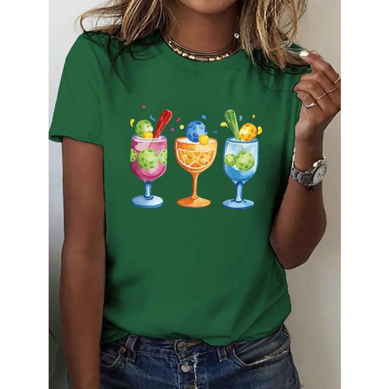 Pickleball Themed Cocktails Illustration Print T-shirt, Short Sleeve Crew Neck Casual Top for Summer & Spring, Women's Clothing
