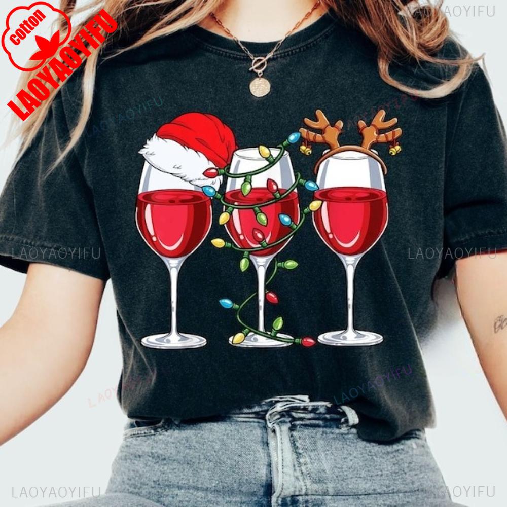 Christmas Party Shirt Women Wine Glasses TShirt Wine Lover Christmas Gift Tee Simple Casual Festival Clothing Cotton Tee Tops