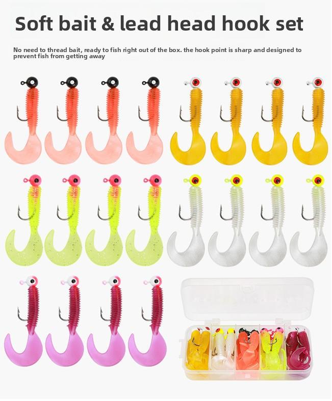 Daoyu 20-Piece Curly Tail Soft Lure Lead Head Jig Hooks Set Anti-Hang Bottom Design for Bass Trout Walleye Mandarin Fish