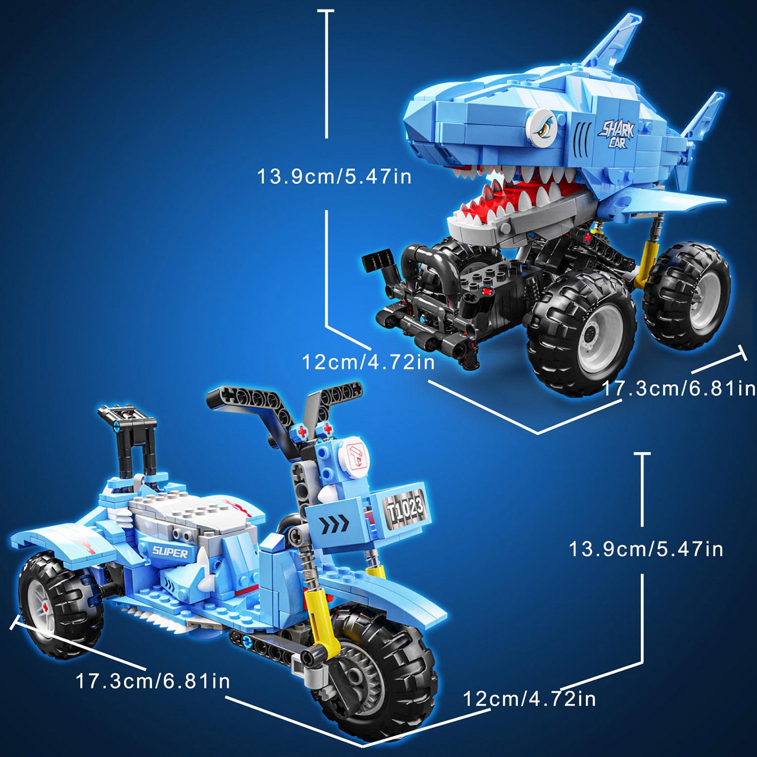 443 детали Инерционная машинка-акула с механизмом оттягивания 2-в-1 Конструктор Коллекция Строительные блоки Пазл Миниатюрная игрушка Креативное украшение для рабочего стола Подарки