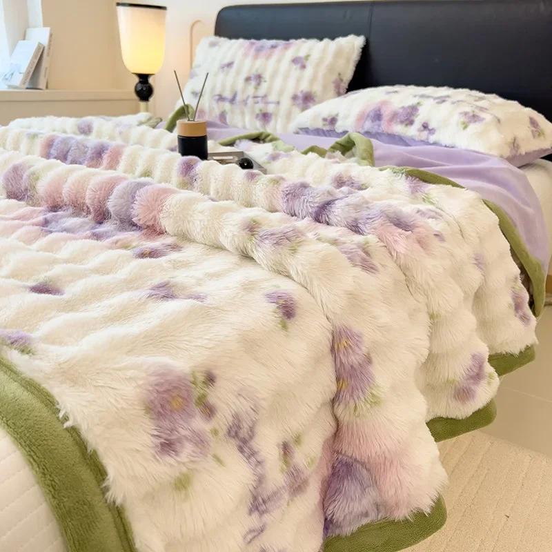 New 600g Big Bubble Rabbit Fur Composite Blanket Milk Fleece Siesta Blanket Double-sided Fleece Sofa Blanket