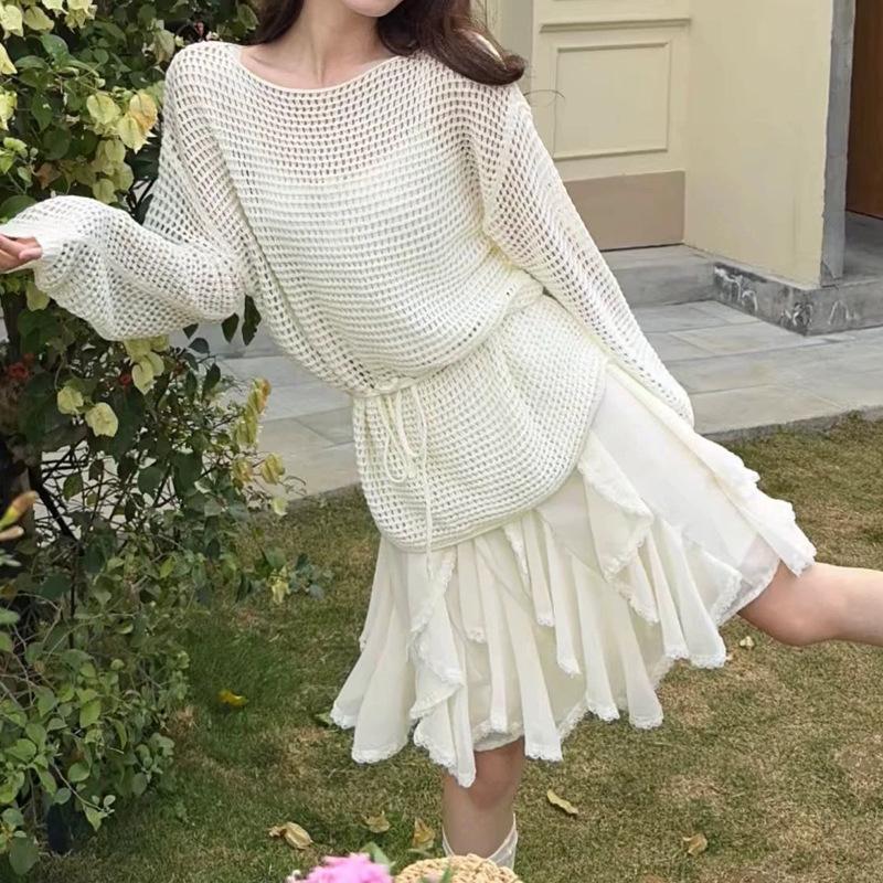 One-word Shoulder Hollow Long-sleeved Knitted Sweater Women's Early Spring Loose Outer Cover Sunscreen Blouse Slanted Shoulder Top Hollow Sunscreen