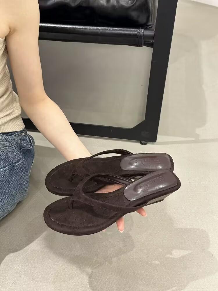 

Premium heel 2025 summer new toe high heel drag versatile outer wear round head slope heel flip-flops women 40 коричневый
