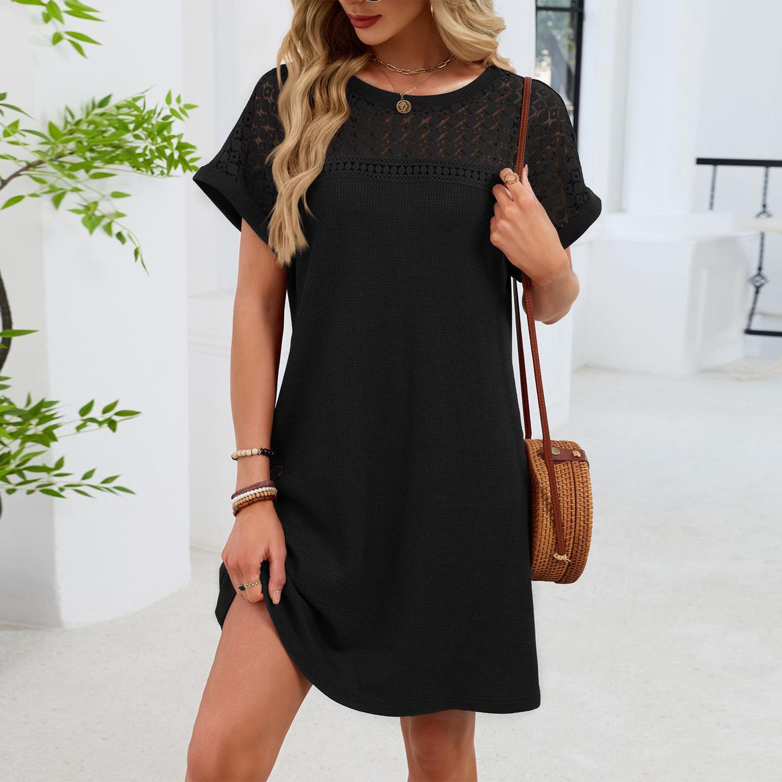 Women s Fashionable Color Round Neck Lace Patchwork Loose Short Sleeved Dress L чёрный