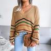 Loose Rainbow Striped Women Sweater V Neck Long Sleeve Fall Winter S-L