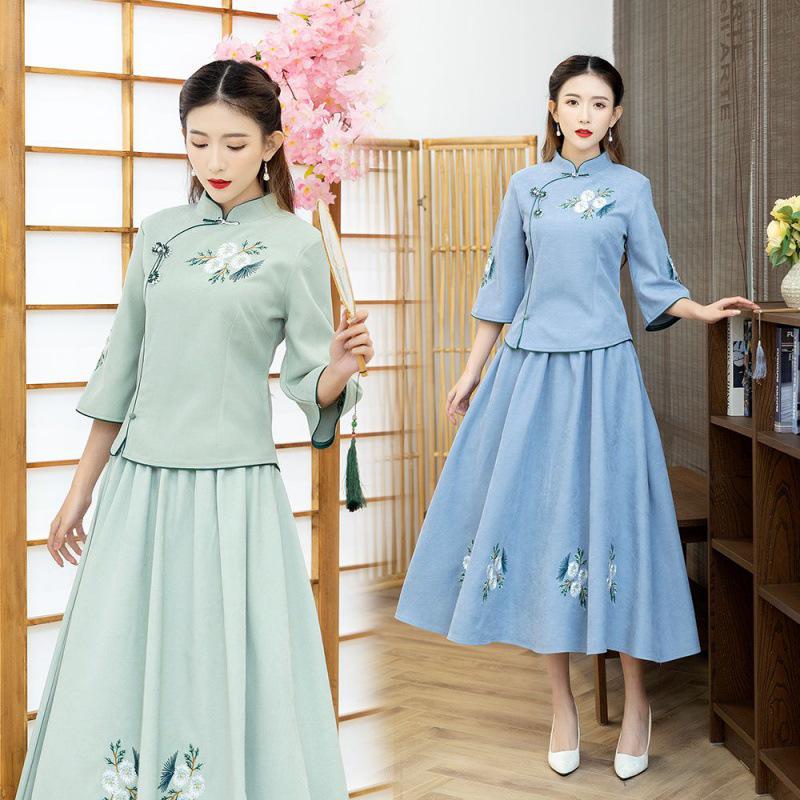 Women's Ethnic Zen Tea Art Embroidered Dress - Vintage Pan Buckle Top with Midi Skirt and Seven-Sleeve Design for Spring/Summer