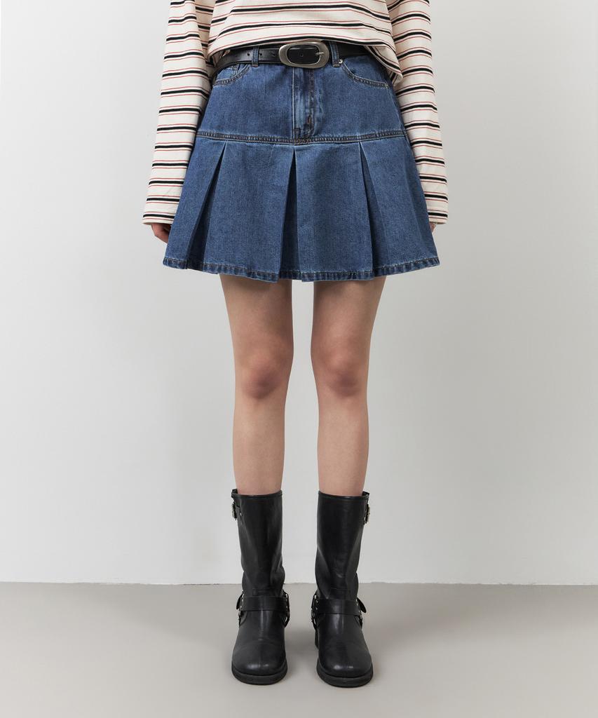 City Breeze Pleated Denim Mini Skirt_Indigo