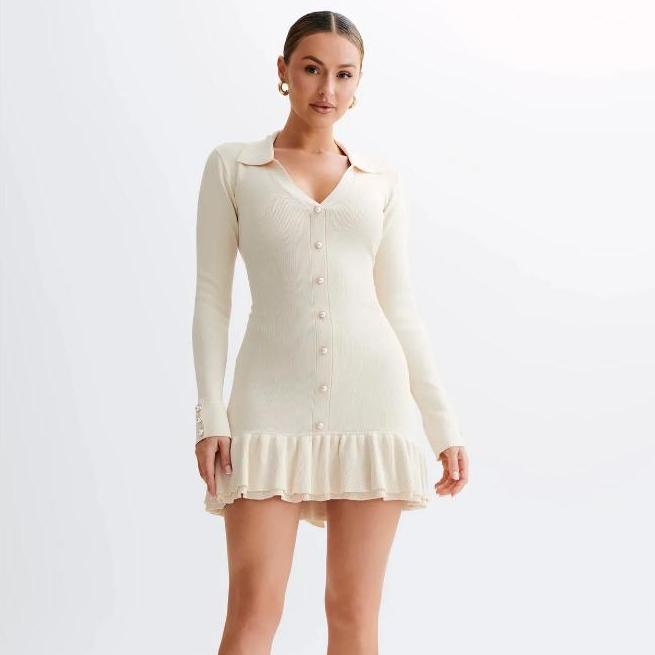 

KOSY Ruffled Bow Knit Mini Dress Women s Backless Contrast Cardigan Lace-Up Elegant Dress Female Knitwear Bandage Dress S