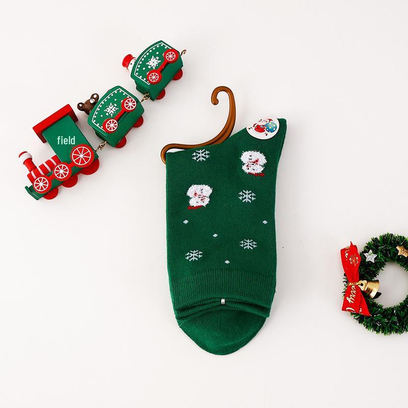 Damskie Świąteczne Skarpetki do Połowy Łydki z Kreskówkowym Wzorem - Czerwono-Zielone Paski, Bawełna, Jesień/Zima, Idealny Prezent