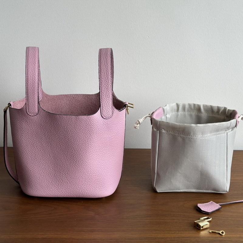 New leather first layer cowhide lychee pattern bucket bag handbag vegetable basket bag women's bag