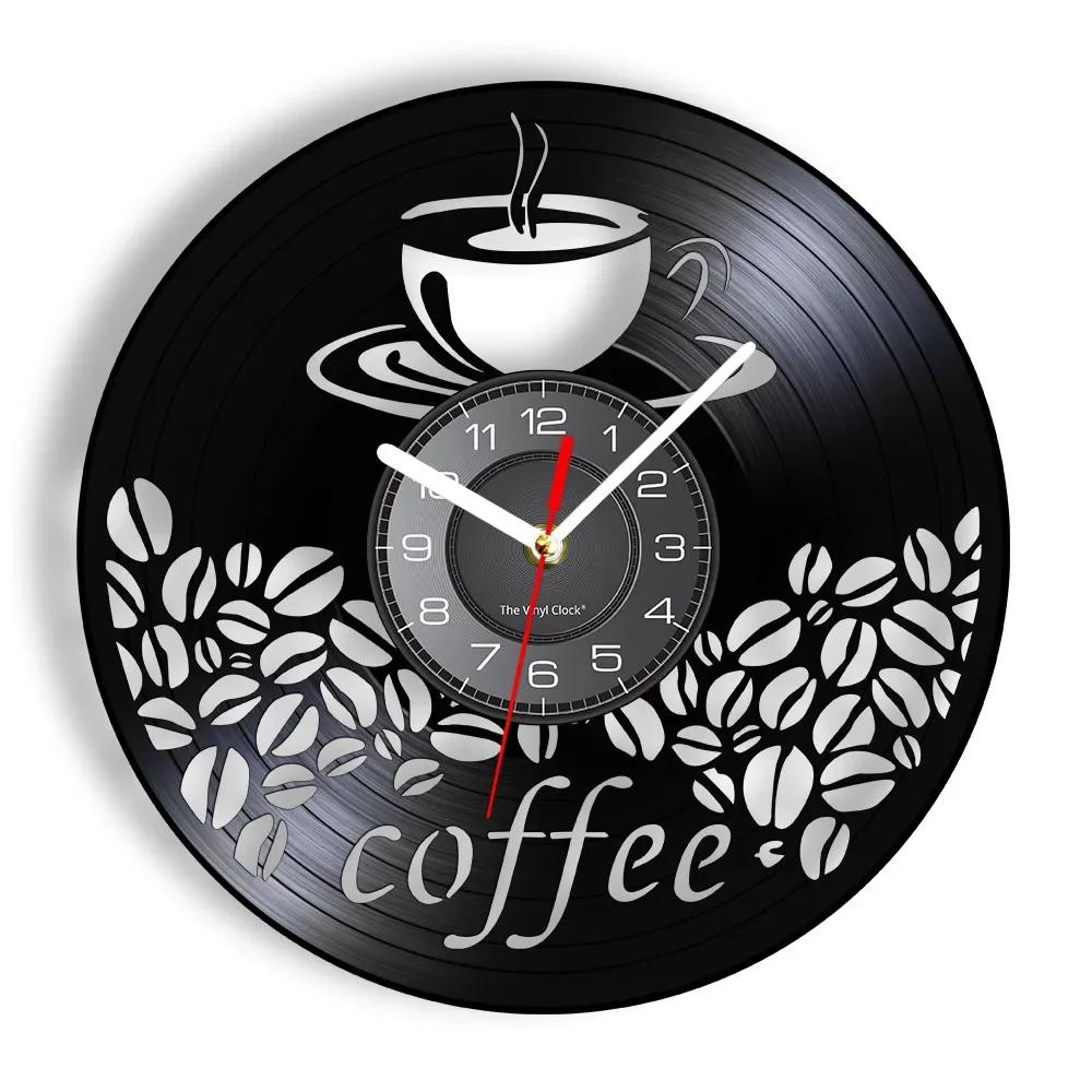 Coffee Cup Cut Out Longplay Wall Clock Kitchen Decor Cafe House Coffee Sign Black Noiseless Hanging Wall Clock Gifts for Barista
