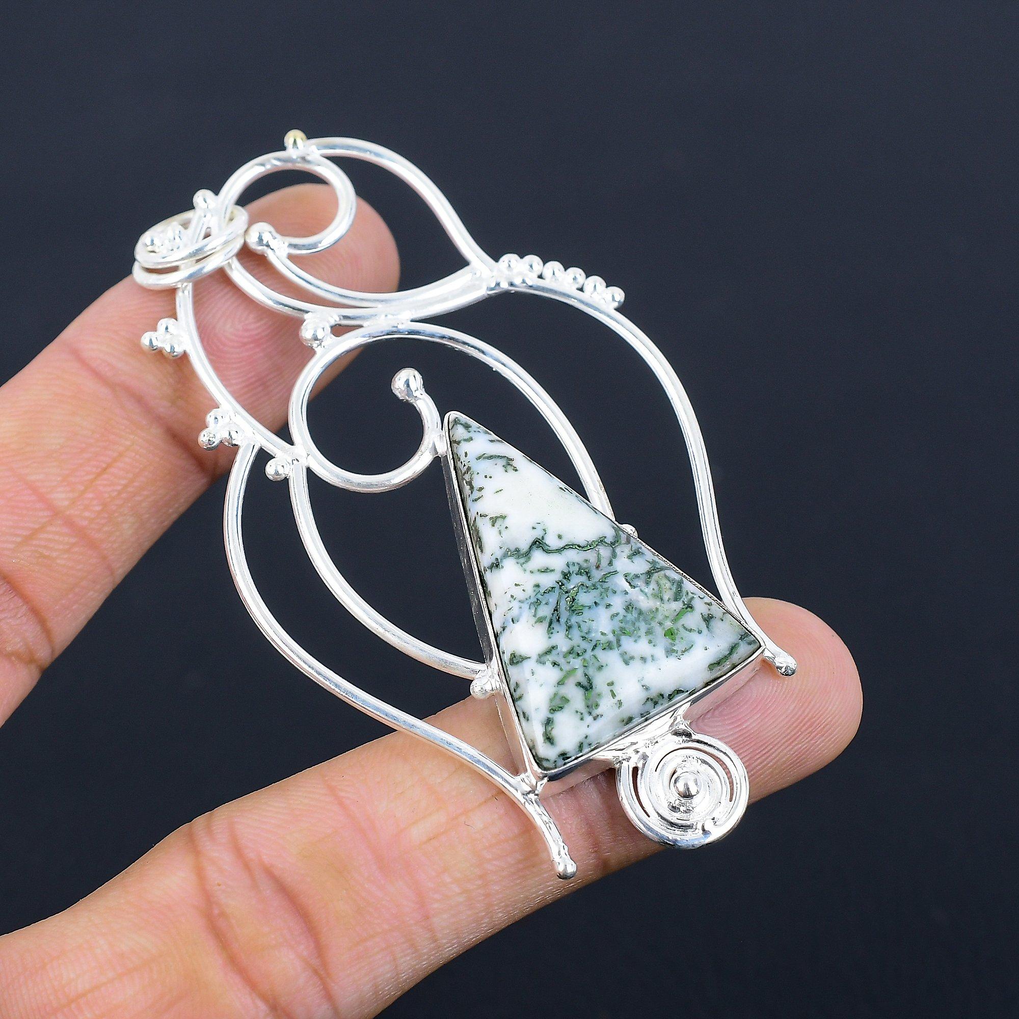 Halloween Deal 925 Sterling Silver Trillion Tree Agate Stone Bezel Wife Pendant