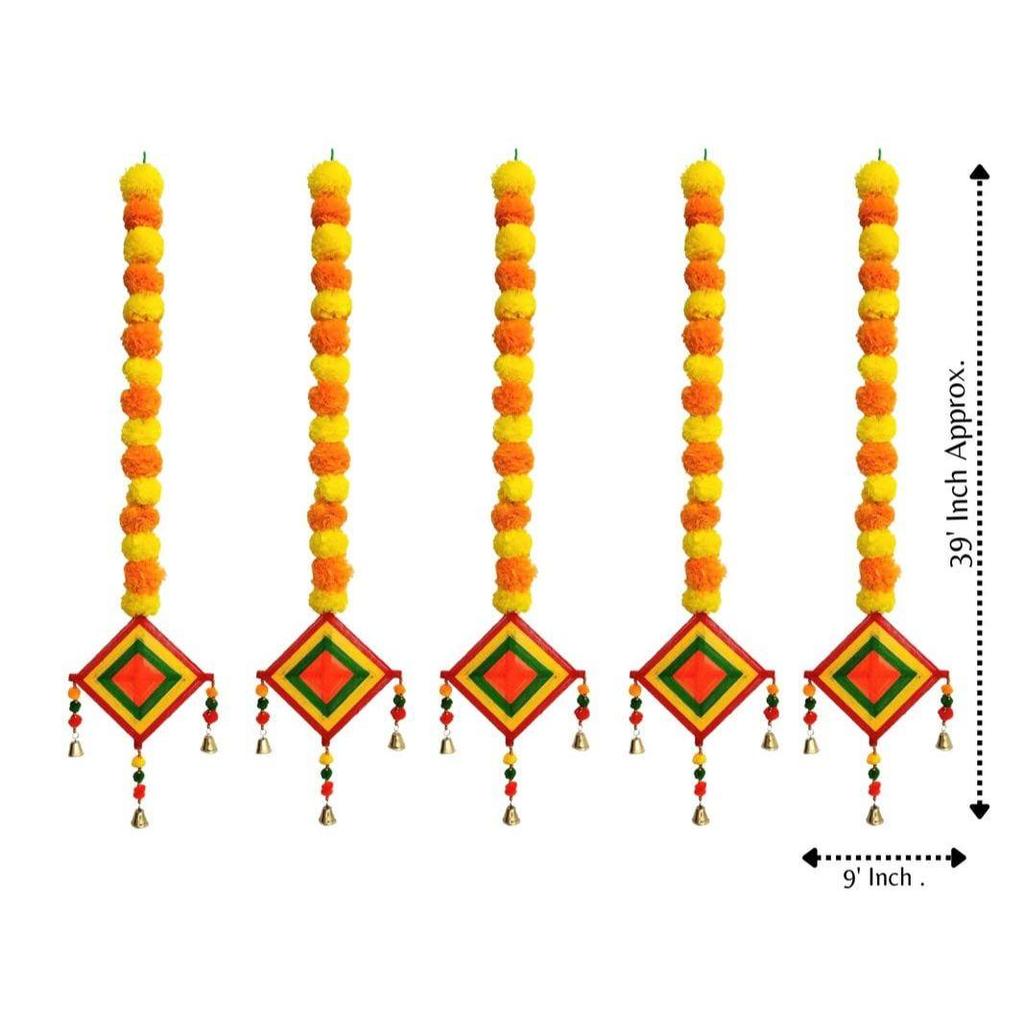 Handmade  Marigold Fluffy Flowers Colorful Woolen Kite Bells Hangings for Home Décor, Pooja Room Decoration, Haldi Mehndi Décor (39 Inches)(Pack of 6)
