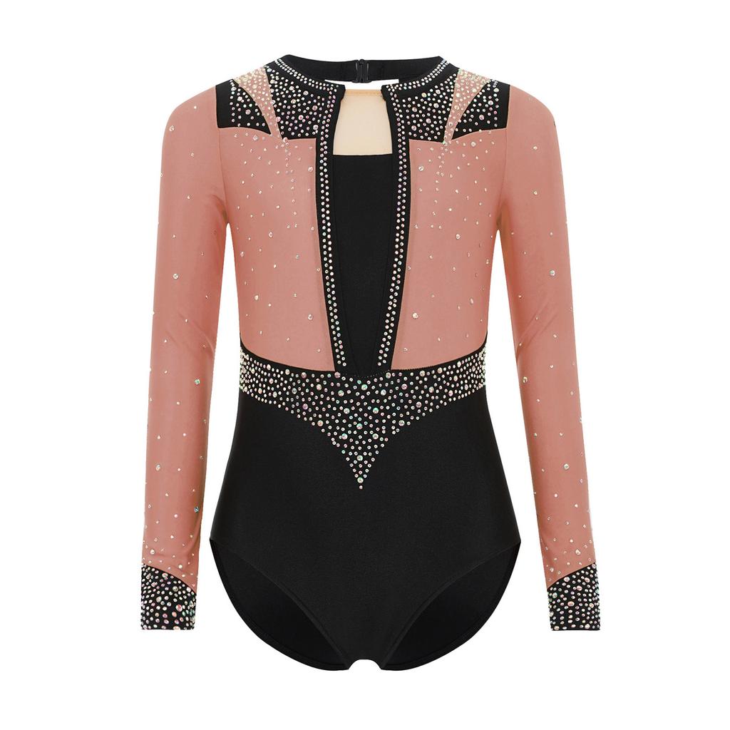 Girls Gymnastics Leotard Long Sleeve Keyhole Back Shiny Rhinestones Figure Skating Dancewear