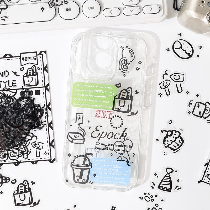 40Pcs Black Cute Stickers PET Scrapbooking Journal Decor Sticker Aesthetic for Phone Case Album Planner Kawaii Gift