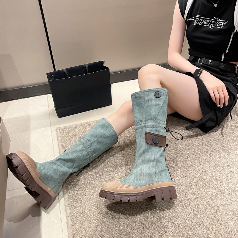 Moda Street Stivali Denim da Donna 2024 Nuovi Autunno Inverno Stivali Alti al Ginocchio con Plateau da Donna Stivali Alti Retrò Zapatos Chunky Mujer