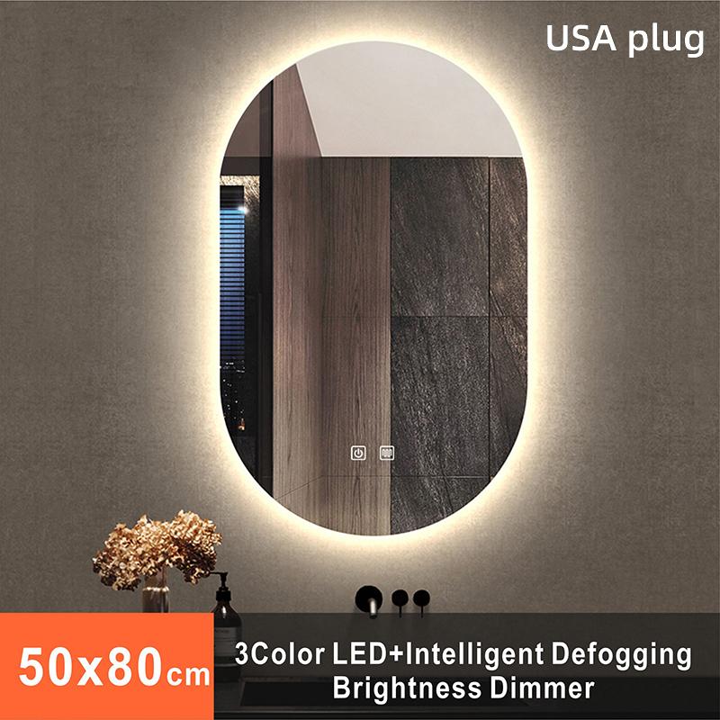 Oval Smart Vanity Bathroom Mirror High Quality Refection Three Color Brightness Dimmer With Anti-fog LED Hotel Bath Mirror