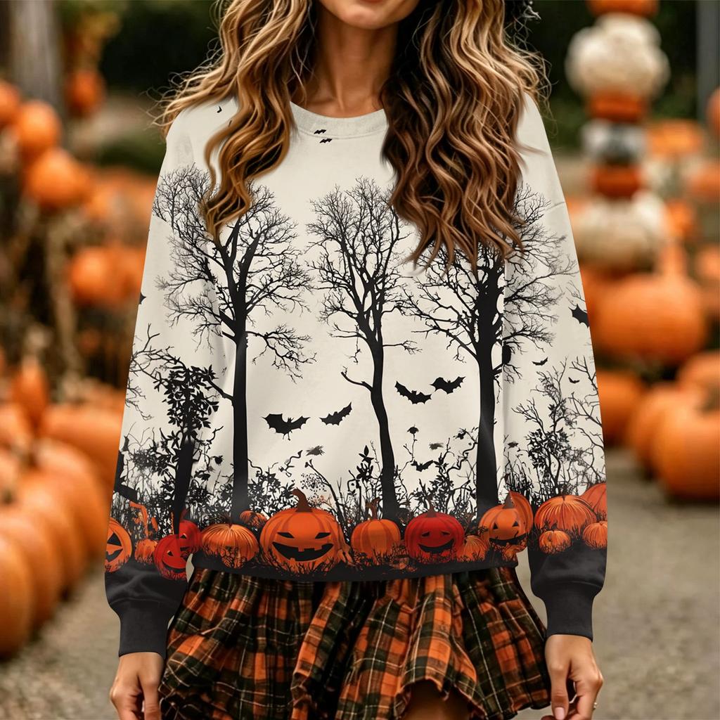 Women's Halloween Print Neck Pullover Sweatshirt, Long Sleeve Casual Fashion Top