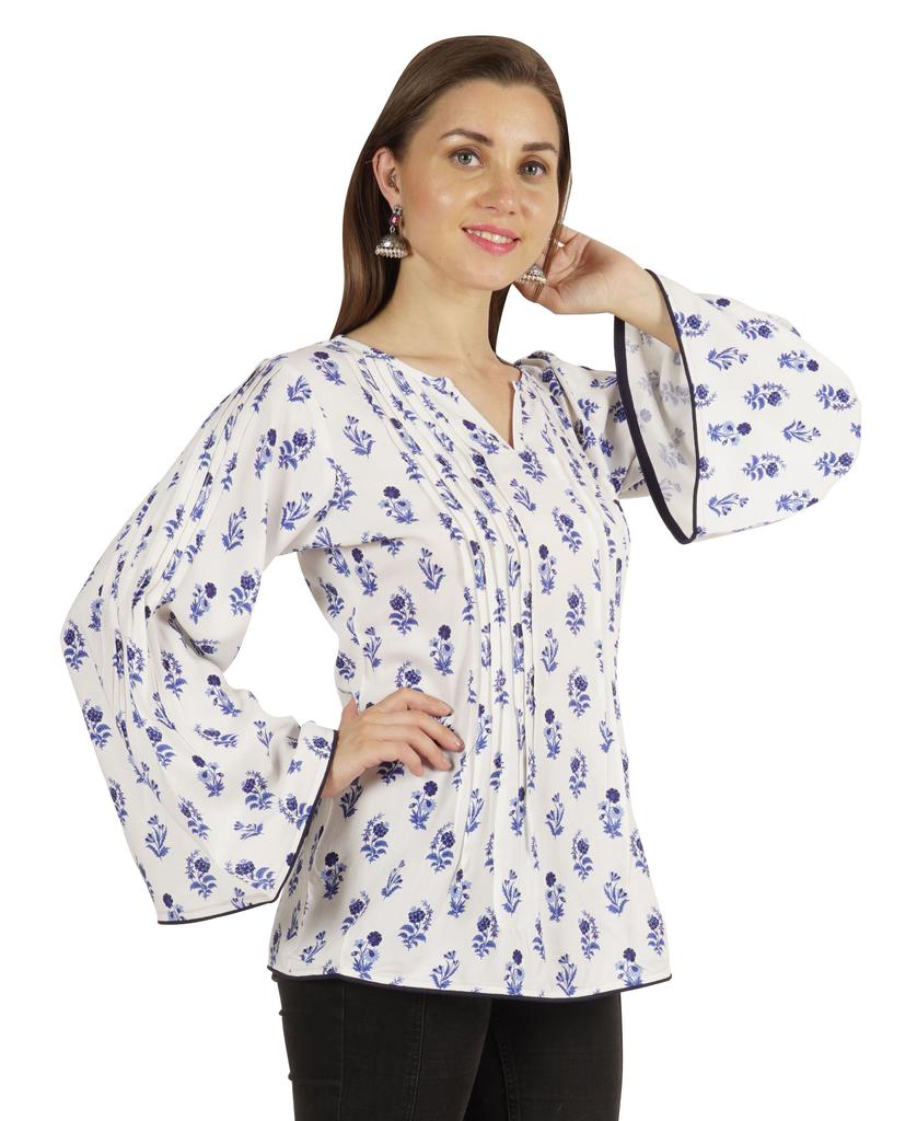 Moomaya Printed Top Full Sleeve Pleated Rayon Kurta Short Tunic Summer Blouse For