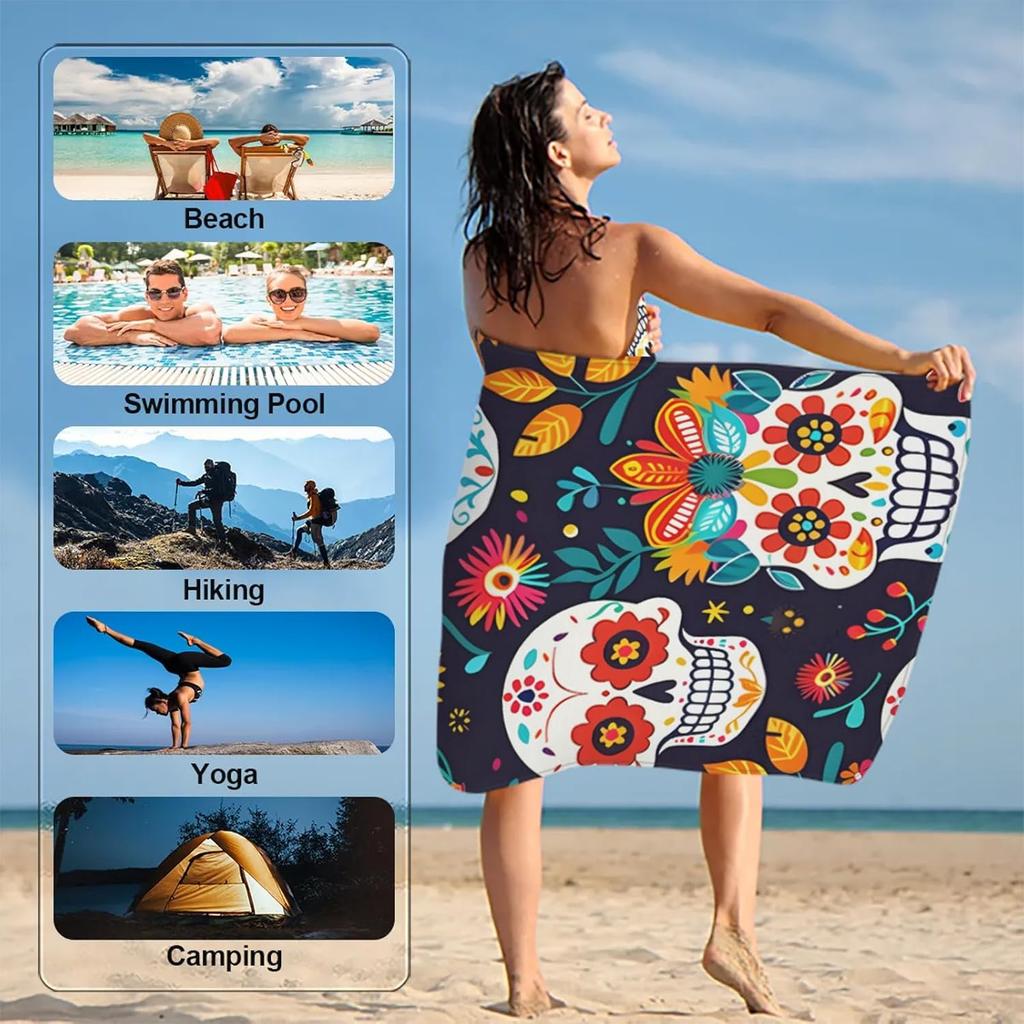 Skull Brightly Colored Flower Beach Towel, Large Microfiber Quick Dry Lightweight Pool Bath Towels Sand Free Beach Blanket for