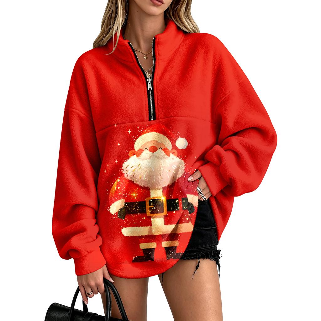 Women's Christmas Print Flannel Quarter-Zip Pullover Sweatshirt with No Pockets for Holiday Casual Wear