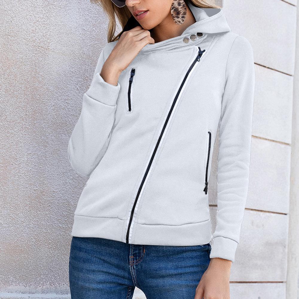 

Fleece Hooded Casual Pullover Women Warm Bias Zipper Sweatshirts Long Sleeve Solid Pocket Slim XS білий