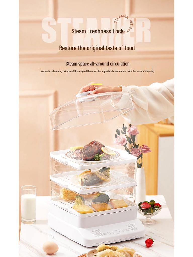 Dual Voltage Electric Steamer & Hot Pot, 10.5L Capacity, Double-Layer Insulated Cooking Pot.