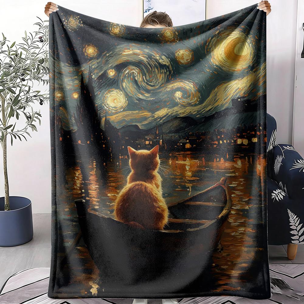Starry Night And The Cat Throw Soft Flannel AC Blanket Lightweight Summer Nap Throw Cozy  Blanket for Sofa Bed Travel Home