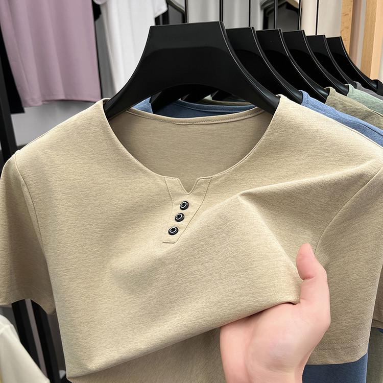 Men's Summer Crew Neck Solid Color Casual Short Sleeve T-shirt, Versatile Korean V-neck Style