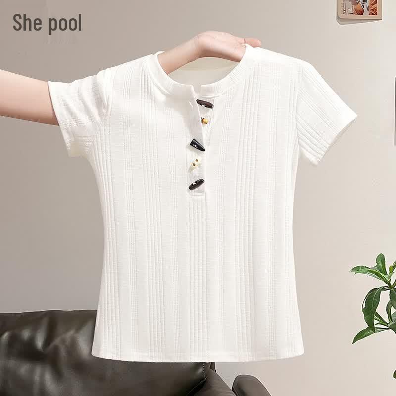 Women s Toggle Button Textured Short Sleeve T-Shirt S белый