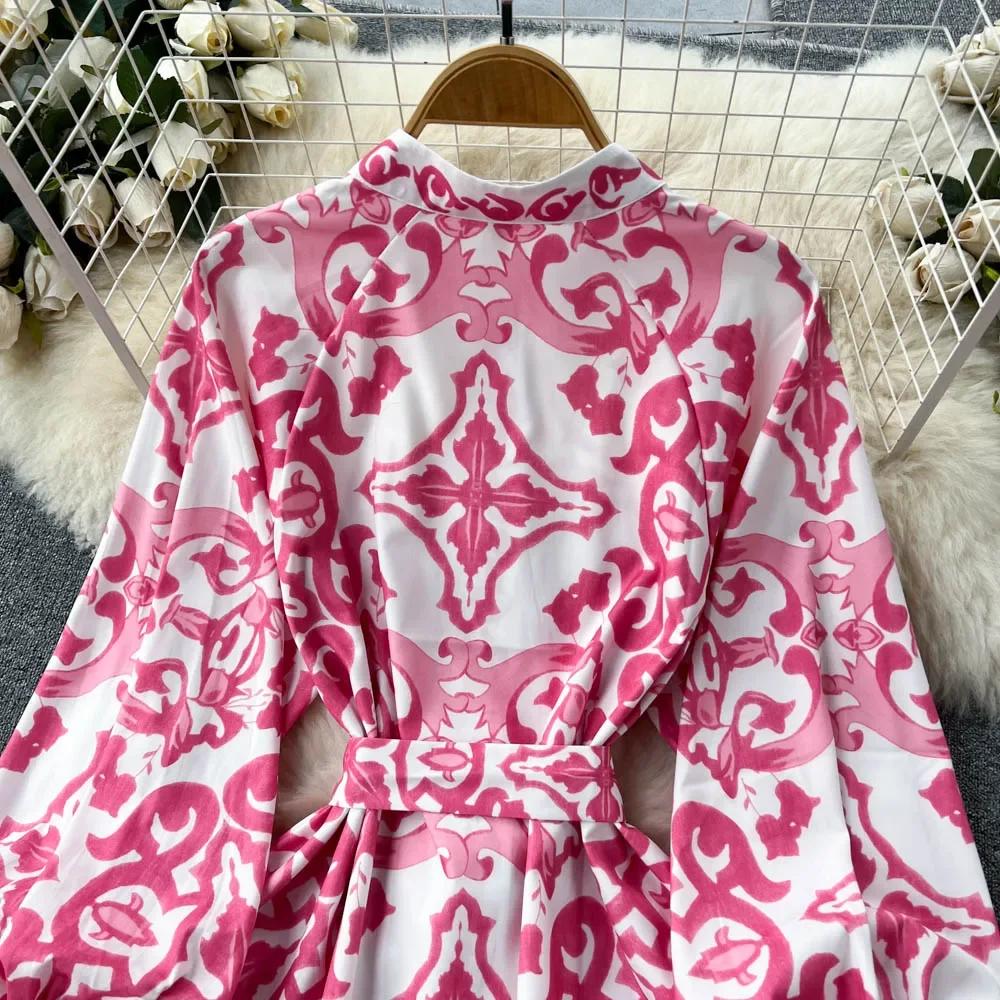 Vintage Summer Floral Print Ruffles Single Breasted Long Sleeve High Waist Vocation Beach Long Women Dress