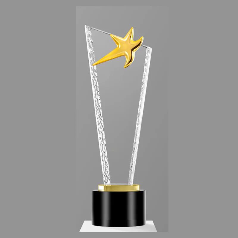 Customized High Grade Metal Gold, Silver, Copper Crown, Eagle, Pentagram, Awards, Commemorative Blade Shape, Crystal Trophy, 1Pc