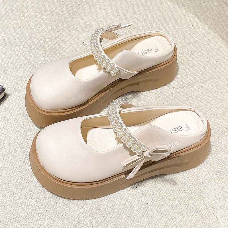 

Туфли-лодочки на платформе с бантом, женские шлепанцы, обувь с ремешком на пятке и бусинами, вечерние женские туфли-мюли, лето 2025, повседневная женская обувь 40 бежевый