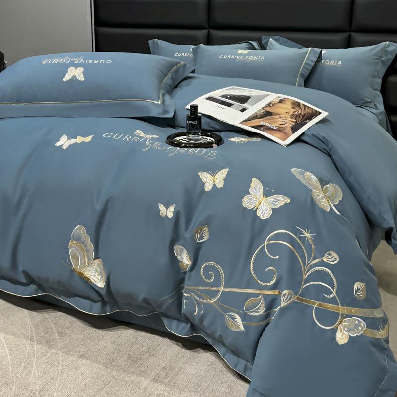 Luxurious Winter Cotton Flannel Embroidered Bedding Set: Thick Four-Piece Duvet & Sheet