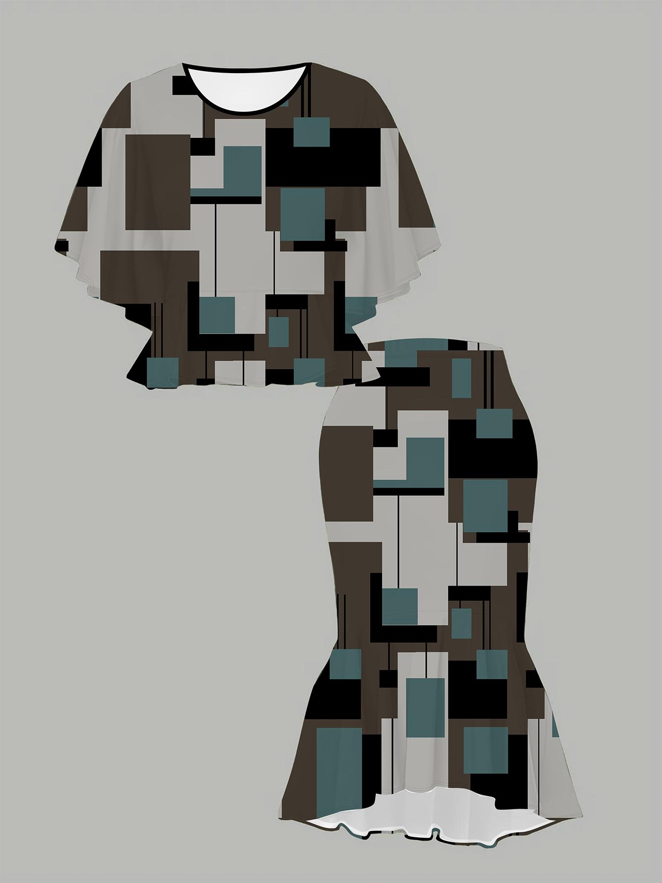 

3D Grid Pattern Printed Classical Totem Women s Print, Fashionable Large-sized, Elegant, Versatile for All Seasons. T-shirt, Skirt and Set 6XL чорний