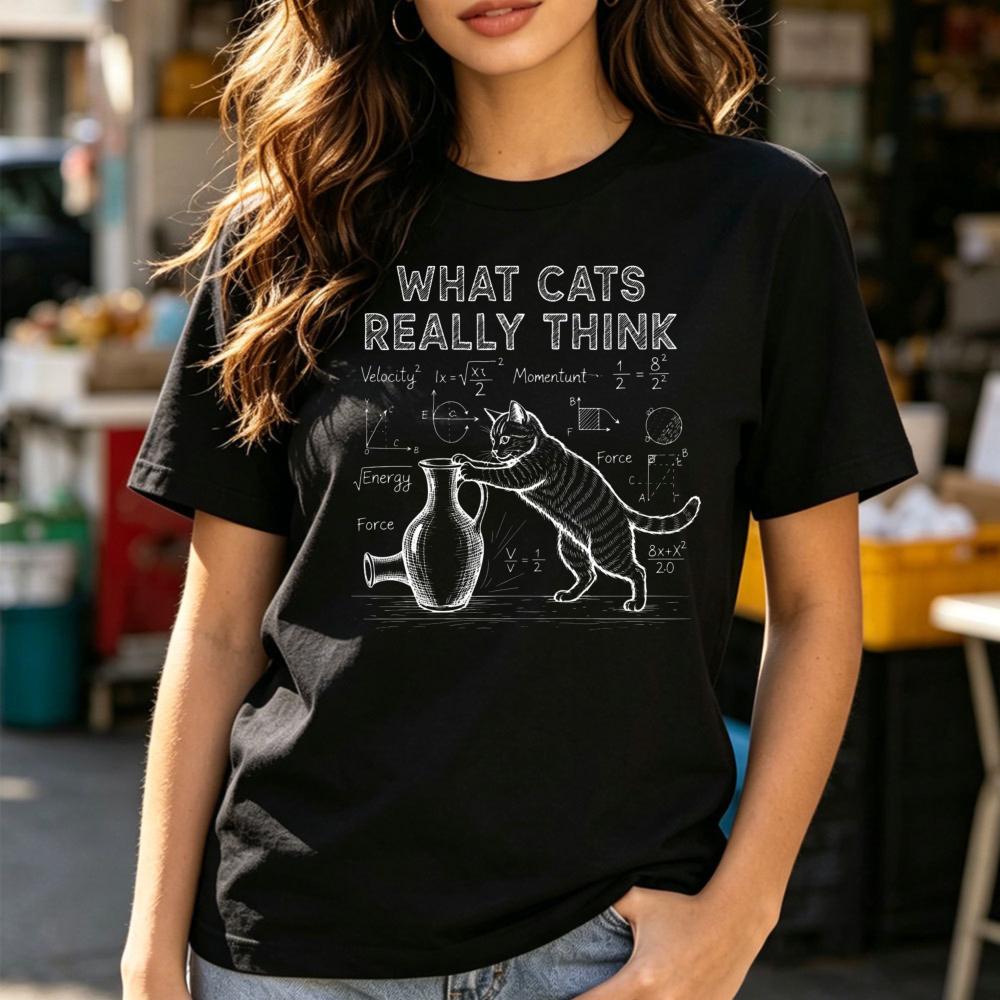 Vintage Chalkboard Cat Print T Funny What Cats Really Think Science Math Equation Graphic Tee Casual Unisex Street Short Sleeve